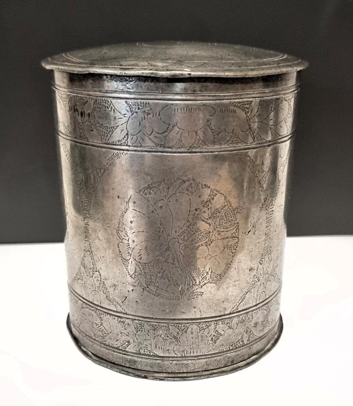 Zeldzame Theedoos / box in verzilverd tin, gemerkt., Antiek en Kunst, Antiek | Tin, Ophalen of Verzenden