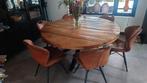 Ronde Mango Houten Tafel met X-poot & 6 Stoelen, Huis en Inrichting, Tafels | Eettafels, Ophalen, 150 tot 200 cm, Rond, Zo goed als nieuw
