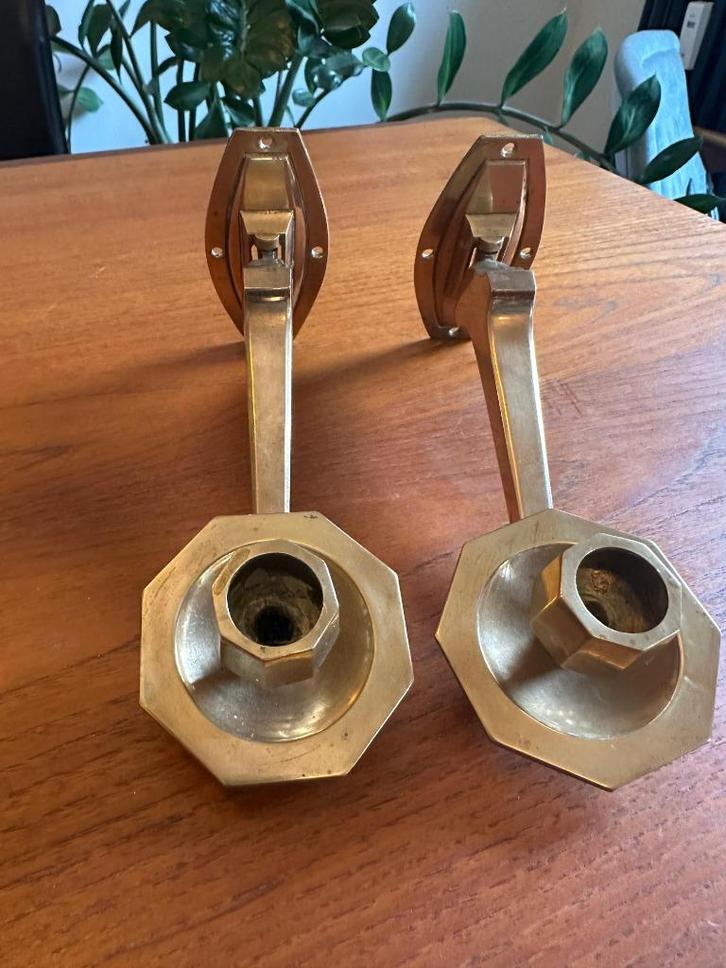 Vintage messing wandkandelaren set (2x), Antiek en Kunst, Antiek | Kandelaars, Koper of Brons, Ophalen of Verzenden