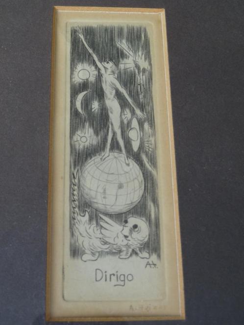 ets Dirigo, Ik leid, de wereld, mens op aarde, A. Huizer, Antiek en Kunst, Kunst | Etsen en Gravures, Verzenden