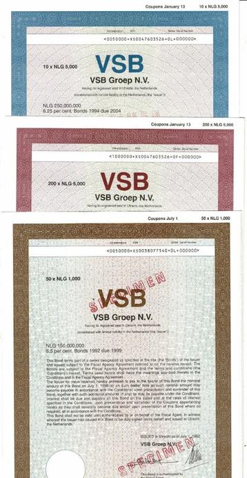 VSB Groep 1992-1994 - Bond 10-50-200 x NLG. 5000 - Specimem beschikbaar voor biedingen