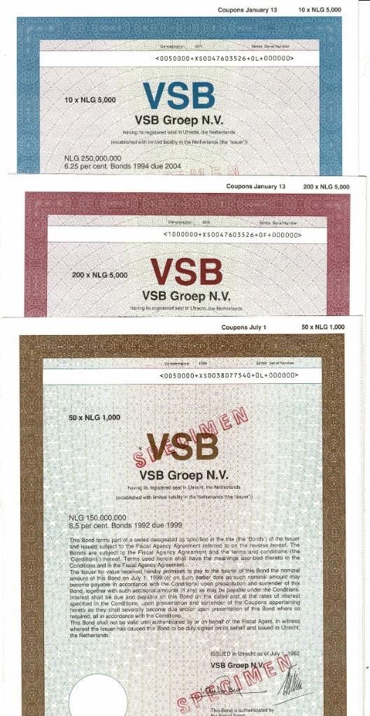 VSB Groep 1992-1994 - Bond 10-50-200 x NLG. 5000 - Specimem, Postzegels en Munten, Aandelen en Waardepapieren, Obligatie of Lening