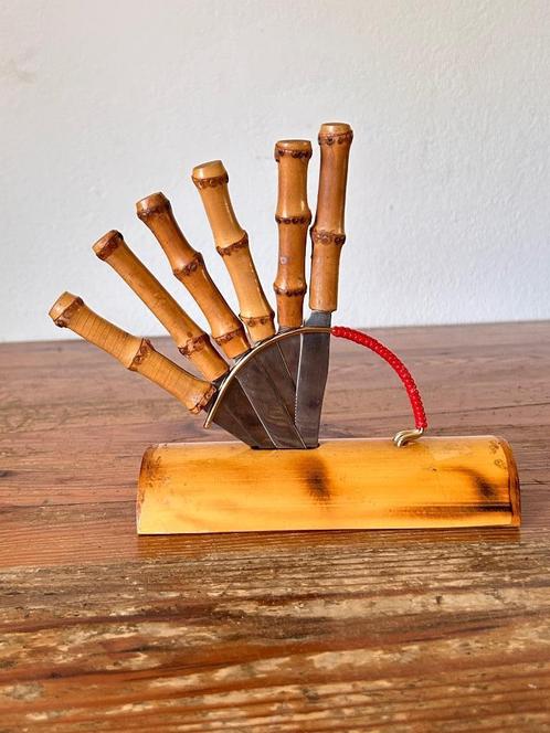 Fruitmessen / borrelplank - bamboe handvatten, Antiek en Kunst, Antiek | Keukenbenodigdheden, Ophalen of Verzenden