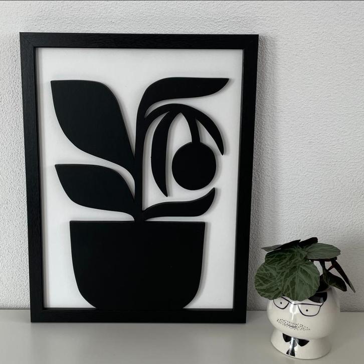 Schilderij van hout "plant in pot" - maat: 43 X 33 cm., Huis en Inrichting, Woonaccessoires | Schilderijen, Tekeningen en Foto's