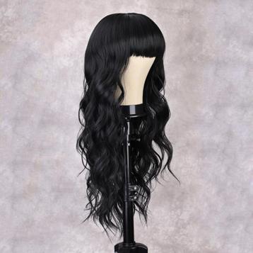Zwarte Lange Golvende Pruik Met Pony Zwart Haar Haren Dames beschikbaar voor biedingen