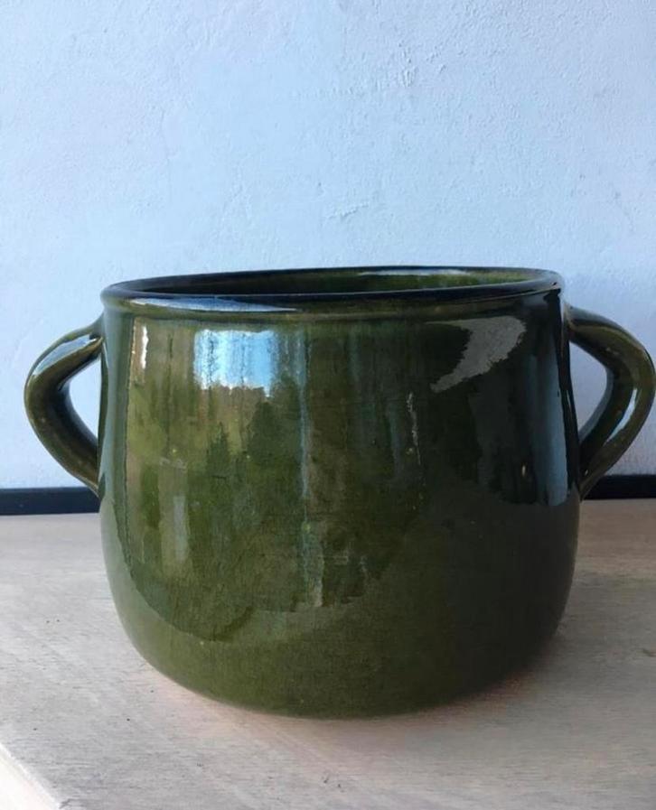 Antieke groen geglazuurde pot met oortjes Uniek!, Tuin en Terras, Bloempotten, Zo goed als nieuw, Terracotta, Binnen, Minder dan 40 cm