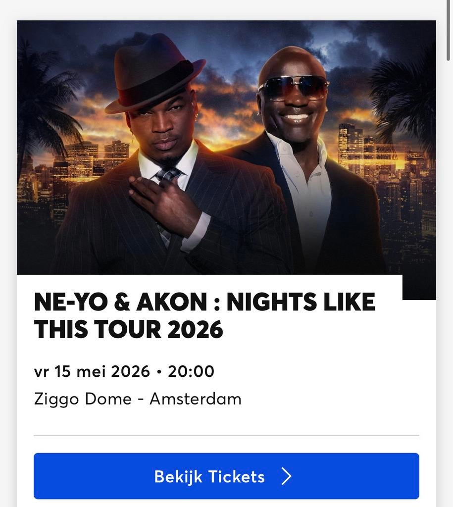 2 tickets Ne-Yo & Akon 15-Mei-2026 Ziggo Dome, Twee personen, Mei
