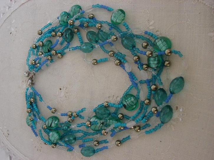 Vintage ketting glaskralen acht strengen., Sieraden, Tassen en Uiterlijk, Kettingen, Nieuw, Overige materialen, Blauw, Ophalen of Verzenden