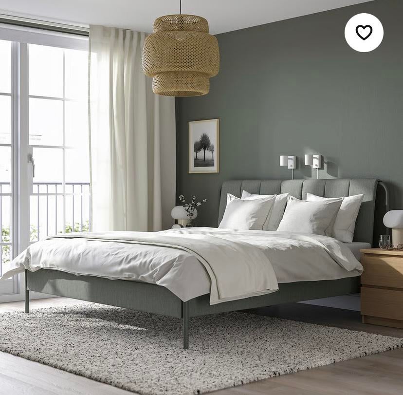 TÄLLÅSEN Upholstered bed frame, Kulsta grey-green/Lönse, Huis en Inrichting, Slaapkamer | Bedden, Ophalen, Tweepersoons, Zo goed als nieuw