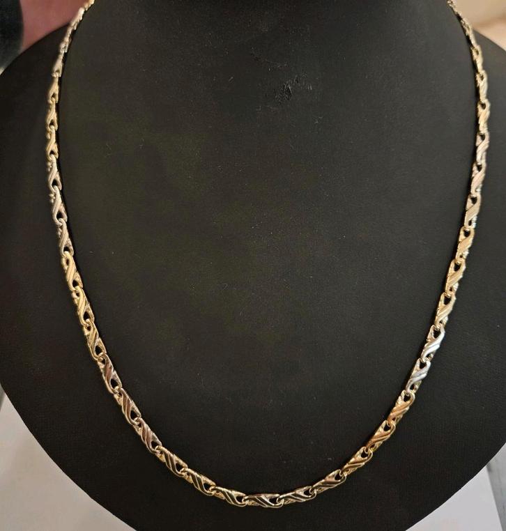 14 karaats gouden bicolor fantasie heren schakel ketting, Sieraden, Tassen en Uiterlijk, Kettingen, Zo goed als nieuw, Goud, Goud