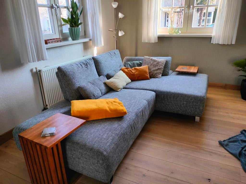 Grijze hoekbank met stoffen bekleding, 250 tot 300 cm, Gebruikt, Hoekbank, 75 tot 100 cm