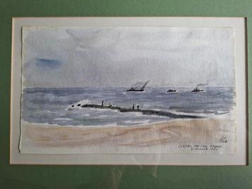 schilderijtje, aquarel zeegezicht Han Krug schepen tekening beschikbaar voor biedingen