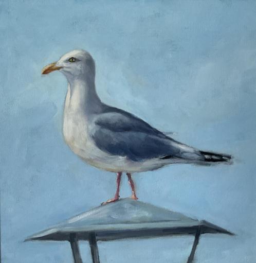 Hans Mijnsbergen (1945) - Meeuw op lantaarnpaal, Antiek en Kunst, Kunst | Schilderijen | Klassiek, Ophalen of Verzenden