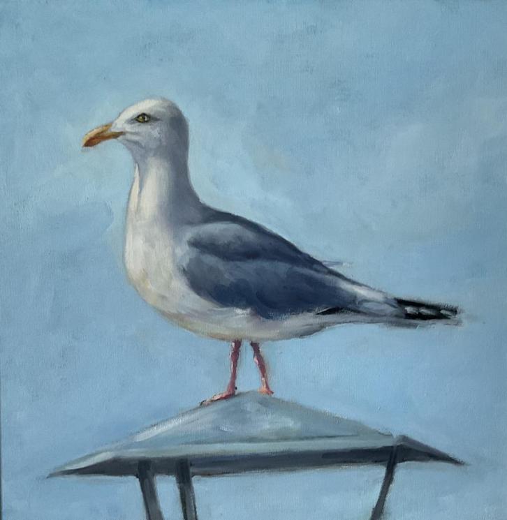 Hans Mijnsbergen (1945) - Meeuw op lantaarnpaal, Antiek en Kunst, Kunst | Schilderijen | Klassiek, Ophalen of Verzenden