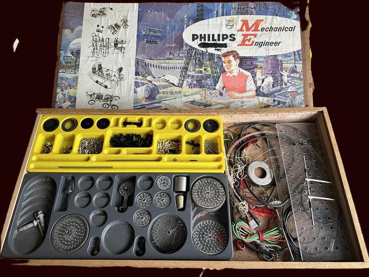 Doos hout Mechanical Engineer, Philips ME 1200, 1960s, Antiek en Kunst, Antiek | Speelgoed, Ophalen