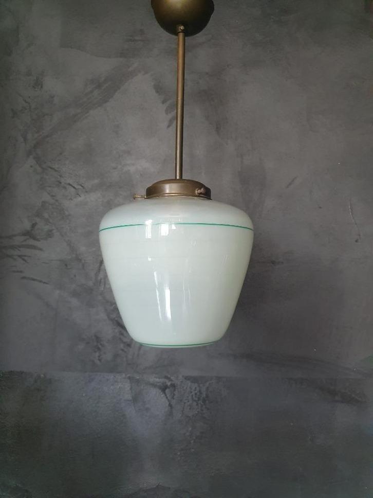 Vintage Art deco Glazen conische Hanglamp, Huis en Inrichting, Lampen | Hanglampen, Gebruikt, Minder dan 50 cm, Glas, Metaal, Ophalen of Verzenden