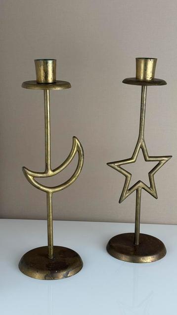 Vintage messing grote kandelaars maan ster kerst set goud beschikbaar voor biedingen