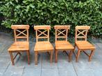 4 mooie landelijke stijl massief teak cafe stoelen € 25 pst, Ophalen, Bruin, Stoer teak, Zo goed als nieuw