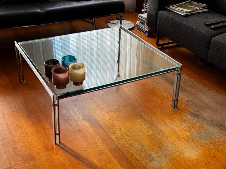 Metaform salontafel van 90x95 in glas en roestvrij staal, Huis en Inrichting, Tafels | Salontafels, Zo goed als nieuw, Minder dan 50 cm