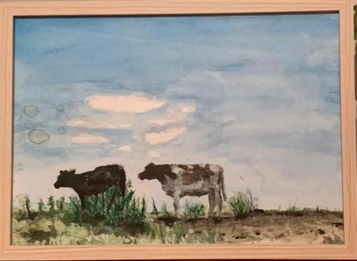 Aquarel schilderij - Nederlands landschap met koeien, Antiek en Kunst, Kunst | Schilderijen | Klassiek, Ophalen of Verzenden