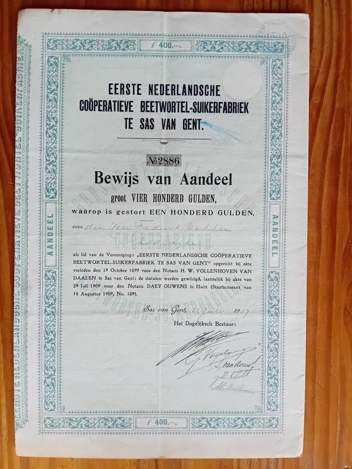 Aandeel Beetwortel Suikerfabriek - Sas van Gent - 1937, Postzegels en Munten, Aandelen en Waardepapieren, Aandeel, 1920 tot 1950