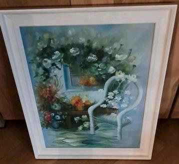 Olieverfschilderij Bloemen en Stoel, Ingelijst beschikbaar voor biedingen