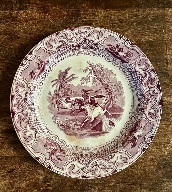 Antiek sierbord met Afrikaans jachttafereel, Antiek en Kunst, Antiek | Wandborden en Tegels, Ophalen of Verzenden