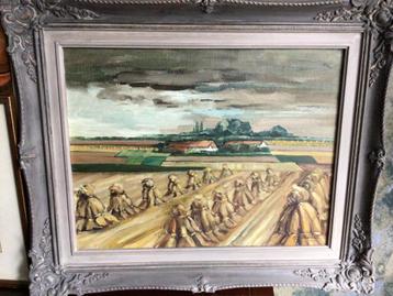 Schilderij op doek van boerderij met hooischoven beschikbaar voor biedingen
