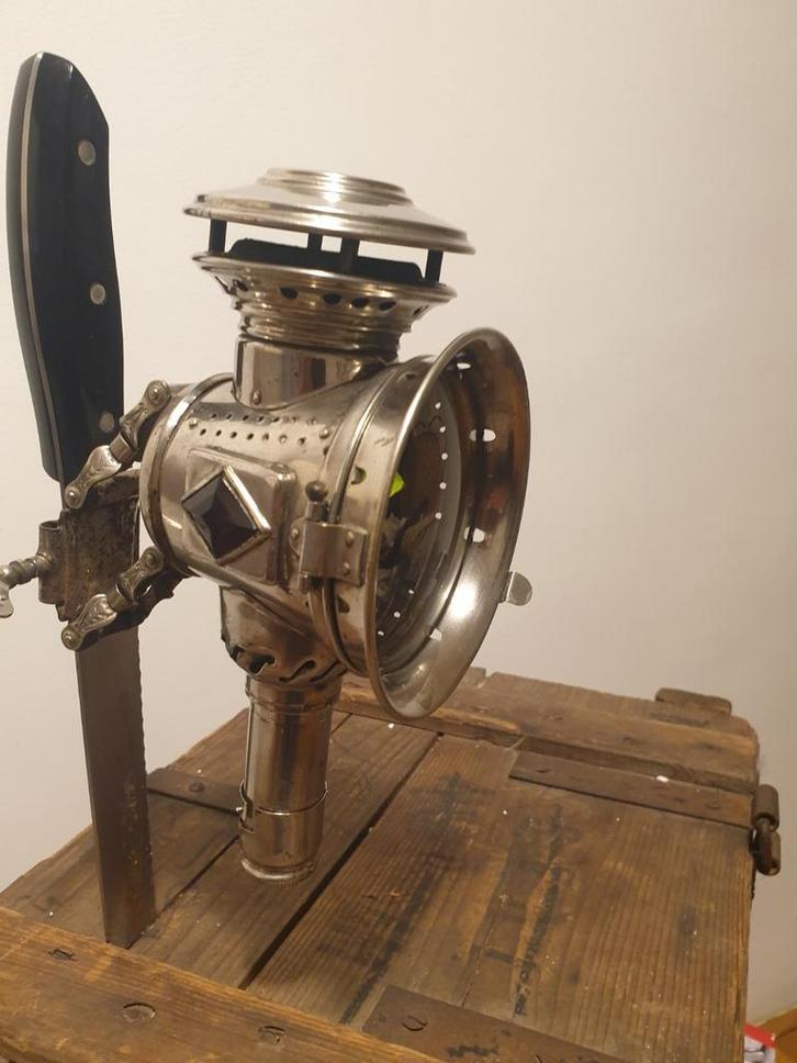 Antieke nikkelen fiets kaarslamp in zeer gave staat, ca.1900, Antiek en Kunst, Antiek | Lampen, Ophalen of Verzenden