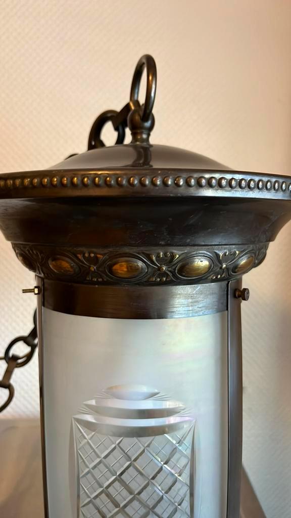 Antieke hanglamp met glazen kap, Huis en Inrichting, Lampen | Hanglampen, Gebruikt, 50 tot 75 cm, Glas, Ophalen of Verzenden