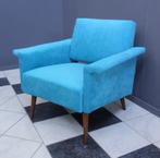 60 jaren blauwe velours stof DESIGN fauteuil opnieuw bekleed, Huis en Inrichting, Fauteuils, Ophalen, Hout, Gebruikt, Minder dan 75 cm