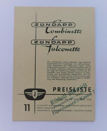 Zündapp Prijslijst Combinette/Falconette (Okt.1956) 2-zijdig beschikbaar voor biedingen