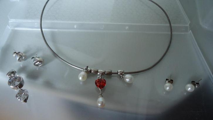Zilver 4 in 1 sprang ketting met 6 hangers en 2p oorbellen, Sieraden, Tassen en Uiterlijk, Kettingen, Zo goed als nieuw, Zilver