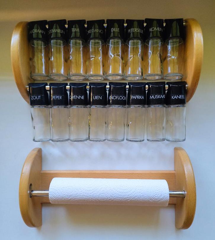 Set van houten kruidenrek en keukenrolhouder, Huis en Inrichting, Keuken | Keukenbenodigdheden, Gebruikt, Ophalen of Verzenden