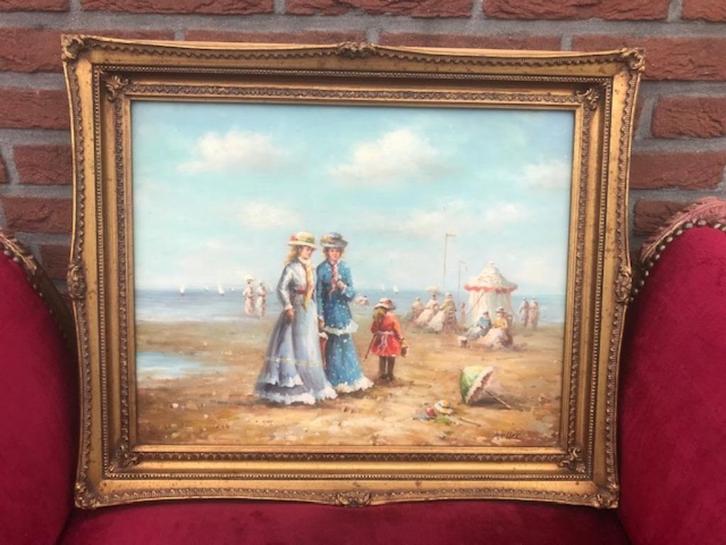 prachtig schilderij, een dagje aan het strand, Antiek en Kunst, Kunst | Schilderijen | Klassiek, Ophalen of Verzenden