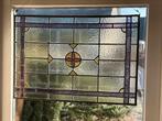 PRACHTIG GLAS IN LOOD, KAN HANGEN, GEEL PAARS, 56 X 39 CM, Antiek en Kunst, Ophalen of Verzenden