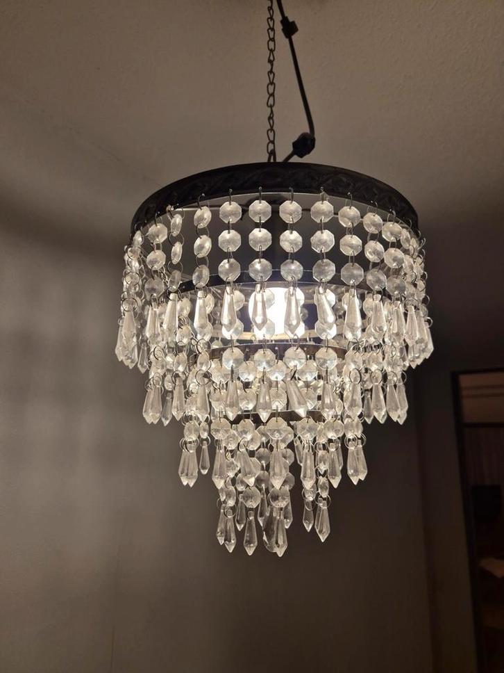 Vintage Hanglamp met Kristallen, Huis en Inrichting, Lampen | Hanglampen, Gebruikt, Minder dan 50 cm, Glas, Metaal, Ophalen of Verzenden