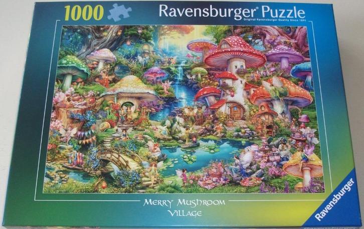 Puzzel *** MERRY MUSHROOM VILLAGE *** 1000 stukjes, Hobby en Vrije tijd, Denksport en Puzzels, Zo goed als nieuw, Legpuzzel, 500 t/m 1500 stukjes
