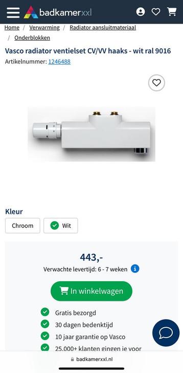 Vasco radiator ventielset CV / VV haaks - wit ral 9016 beschikbaar voor biedingen