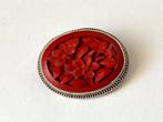 Broche zilver met Chinese cinnabar, Verzenden, Zilver, Broche, Met edelsteen