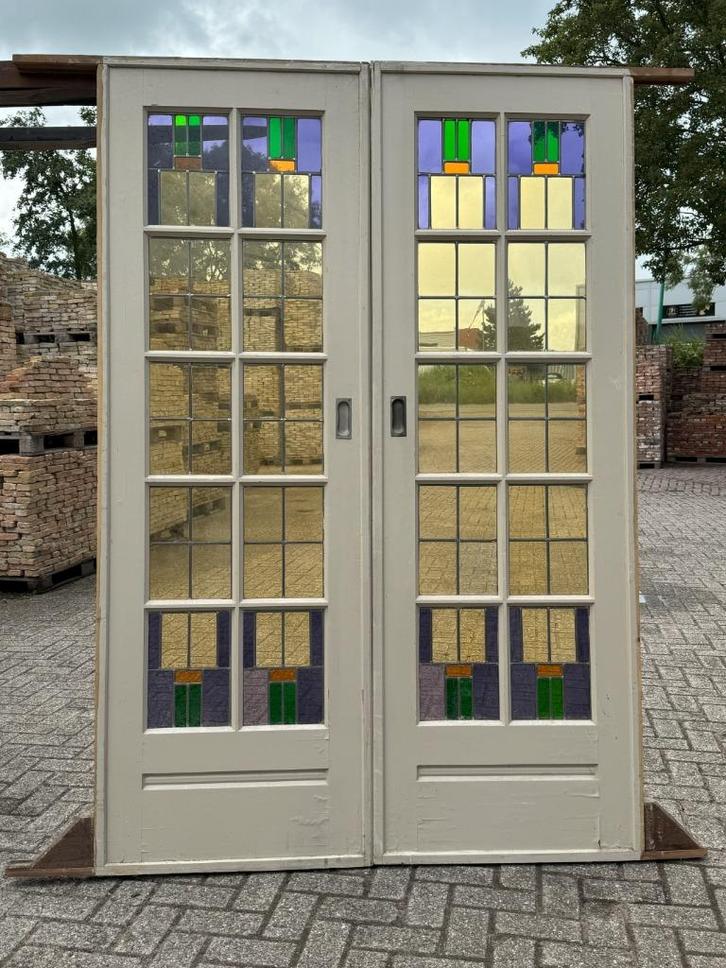 Set schuif / en-suite deuren met glas in lood 215x142cm., Antiek en Kunst, Curiosa en Brocante, Ophalen