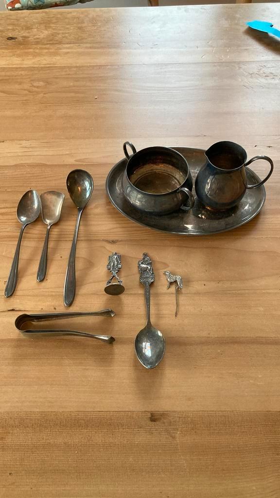 Antiek verzilverde set Keltum, melk suiker en div.accesoires, Antiek en Kunst, Antiek | Bestek, Ophalen of Verzenden