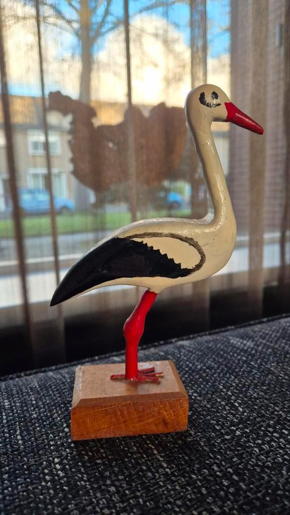 Houten Handgemaakte Vintage Ooievaar - 18cm, Antiek en Kunst, Kunst | Beelden en Houtsnijwerken, Ophalen of Verzenden