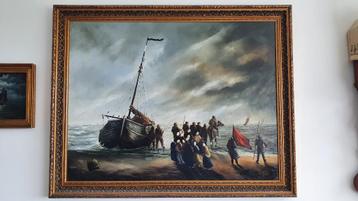 Schilderij Scheveningse bomschuit op strand en figuren SCH11 beschikbaar voor biedingen