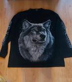 Stoere zwarte longsleeve met grijze wolf en tekst op mouwen, Kleding | Dames, Zwart, Maat 46/48 (XL) of groter, Ophalen of Verzenden