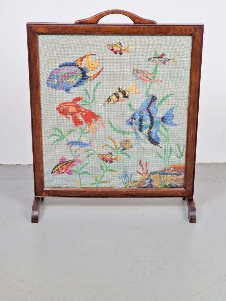 Vintage vuurscherm glas Openhaardscherm '60 vissen art uniek, Huis en Inrichting, Haarden, N, Ophalen of Verzenden, N, Houthaard