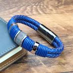 Blauwe Leren Stalen Dubbele Leren Heren Armband, Verzenden, Nieuw, Blauw, Leer