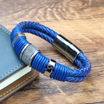 Blauwe Leren Stalen Dubbele Leren Heren Armband beschikbaar voor biedingen