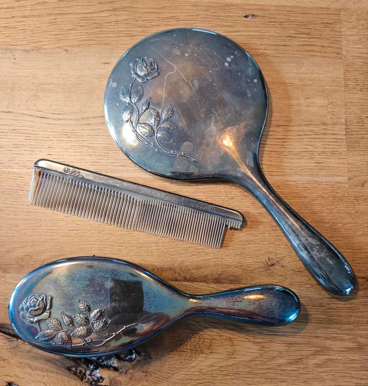 Antieke verzilverde spiegel, borstel en kam set, Antiek en Kunst, Antiek | Spiegels, Minder dan 50 cm, Rechthoekig, Ophalen of Verzenden