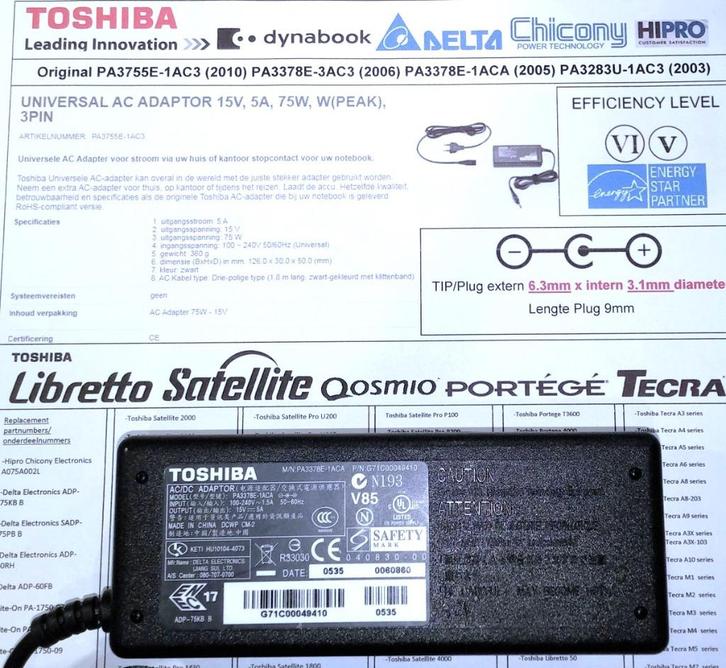 Toshiba Pro PA3378E-1ACA 15V 5A 75W Adapter 6.3x3.0 oplader, Computers en Software, Laptop-opladers, Zo goed als nieuw, Ophalen of Verzenden